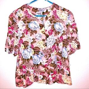 Dress Savvy Vintage Floral Pink Blouse Pearl Button